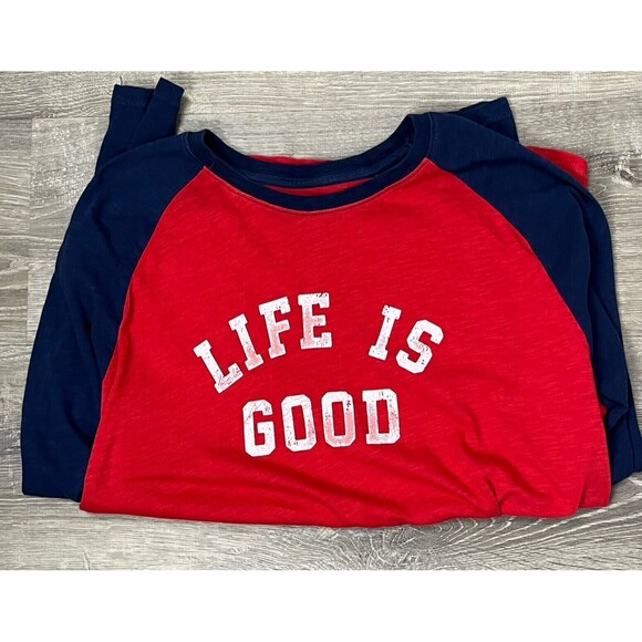 Life is Good T Shirt Raglan Long Sleeve Large Classic Fit Crew Red Blue Logo Tee - Picture 2 of 4